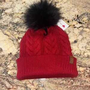 Obermeyer Red Cable Knit Beanie with Black Pom-Pom